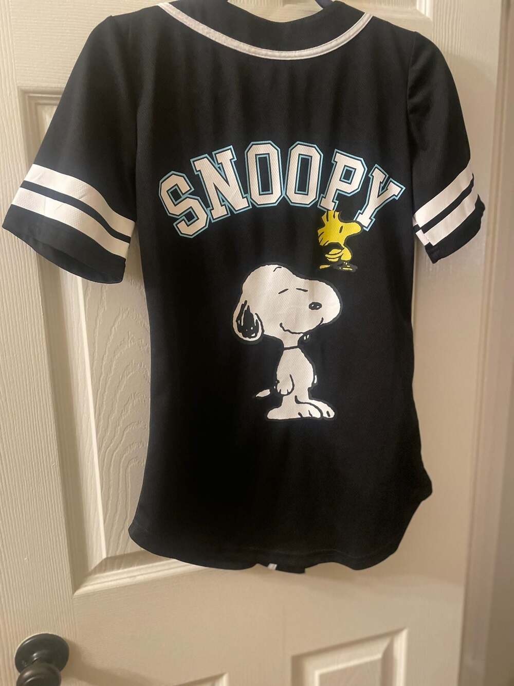 Peanuts Snoopy and Woodstock Women's Black Baseball Jersey - Picture 2 of 5